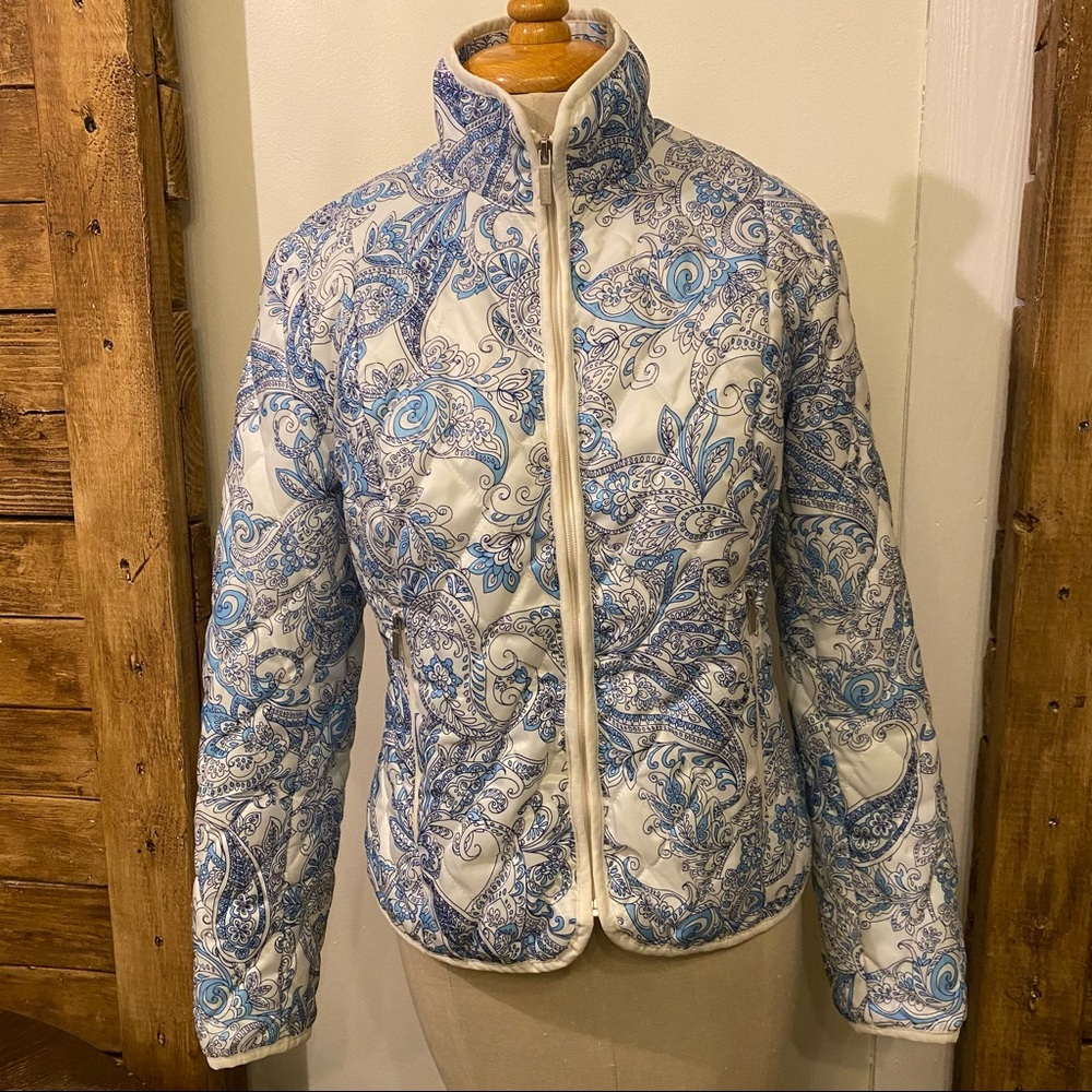 Land’s End paisley print puffer quilted jacket coat primaloft XS pockets blue